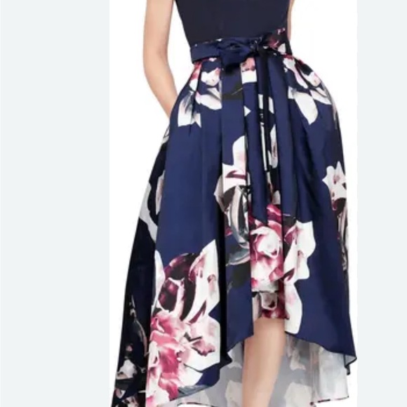 SLNY Pleated‎ High-Low Navy and Pink Satin Floral Sleeveless Dress Women's 12P - Picture 1 of 10